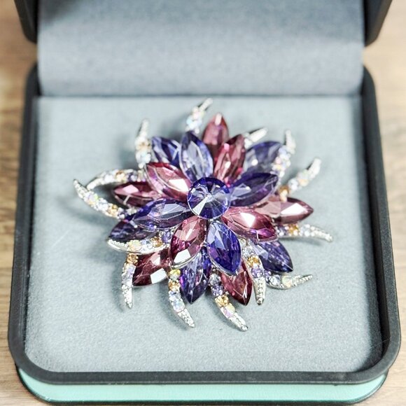 Handmade Jewelry - Purple Rose Brooch, Crystal Brooch, Silver Brooches, Crystal Flower Brooch